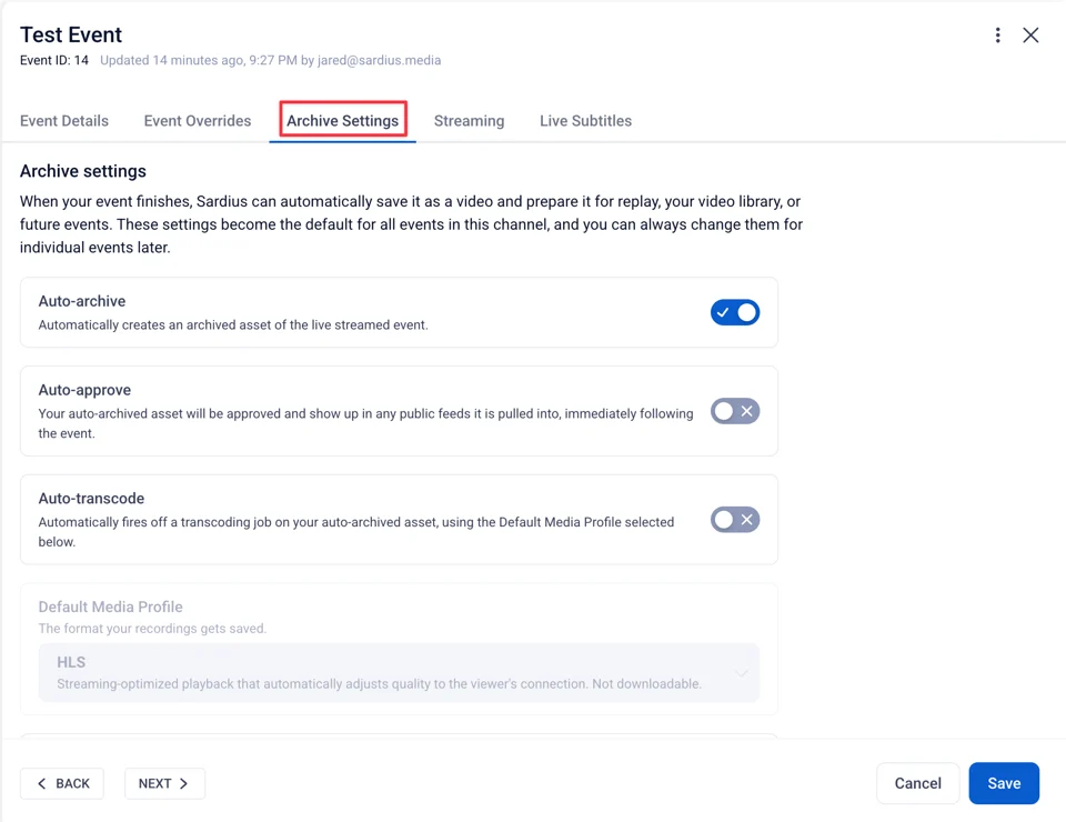 Archive Settings details