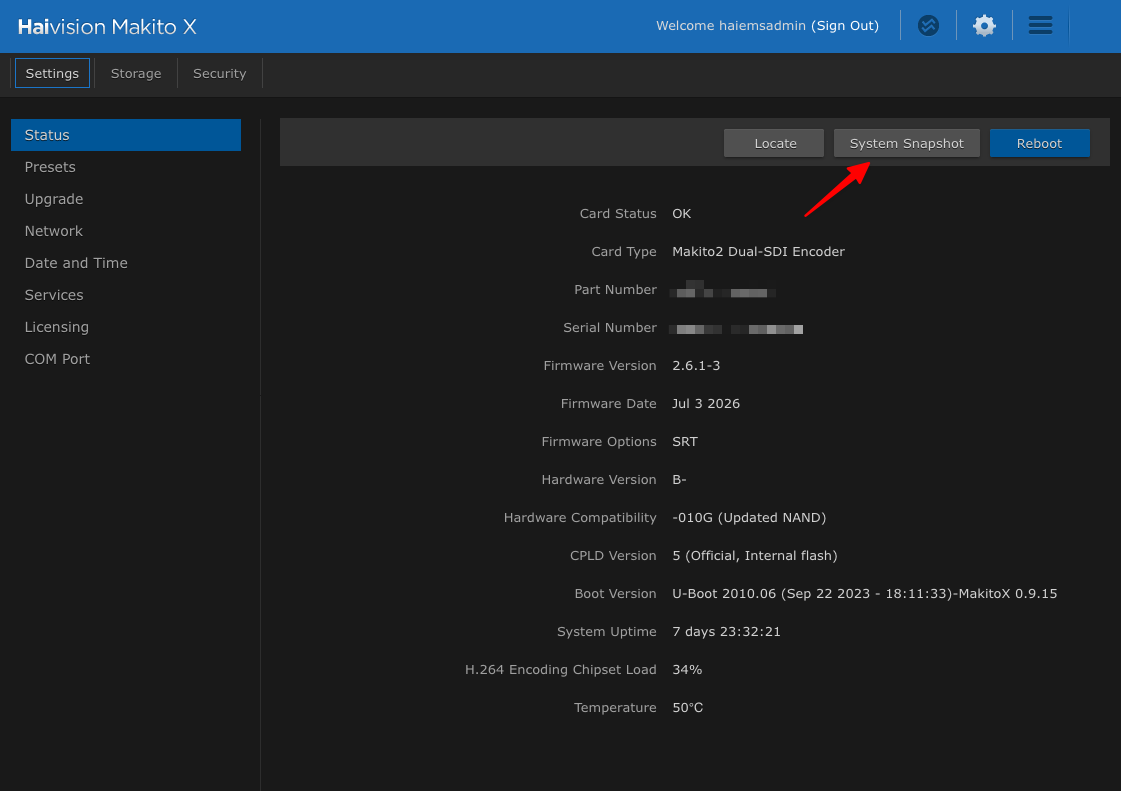 Click System Snapshot on the Status page
